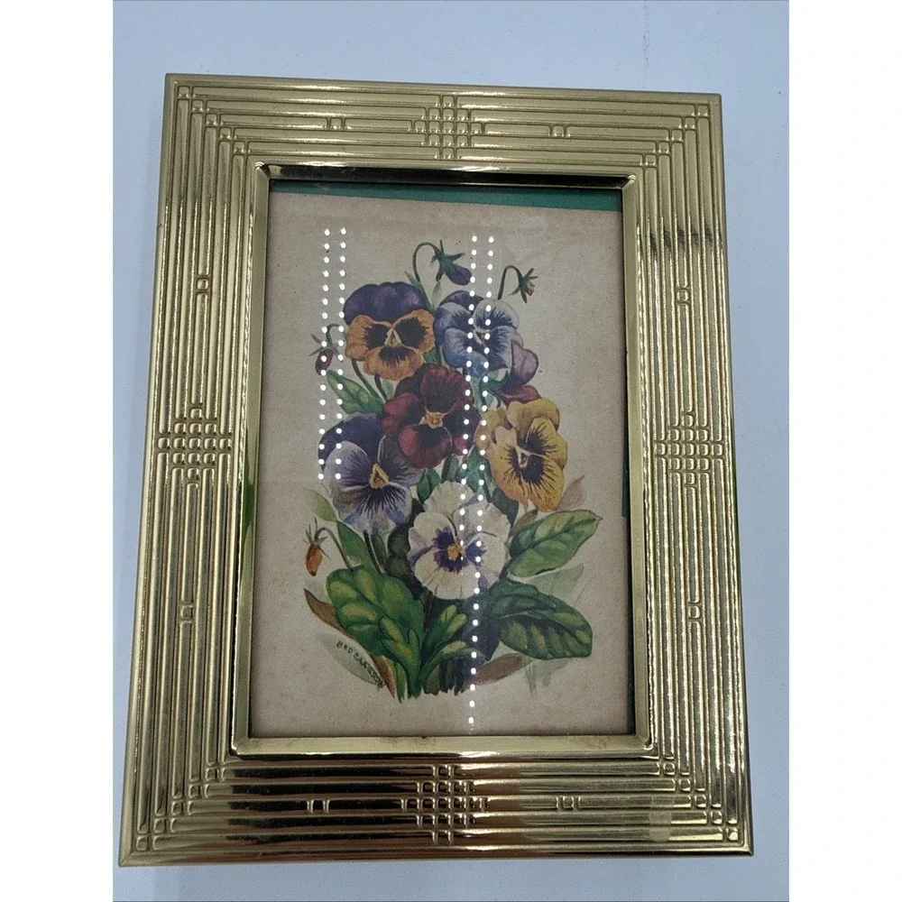 Vintage Brass Picture Frame Floral Pansy Print Small Desk